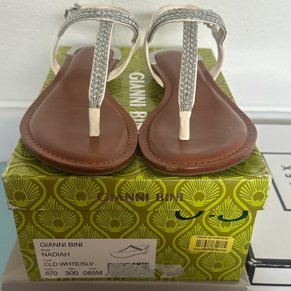 Gianni Bini Metallic T-Strap Sandals in White and Brown
